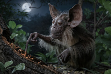 Naklejka premium A strange, nocturnal creature resembling an Aye-aye lemur with oversized ears and shaggy brown fur. 