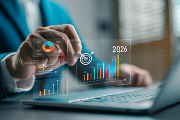Businessman analyzing business growth chart from 2021 to 2026 using futuristic data visualization, representing strategic planning, financial forecast, and long-term success insights.