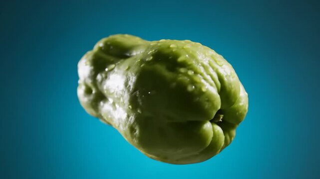 Close Up of Fresh Chayote Squash Rotating on Turquoise Background