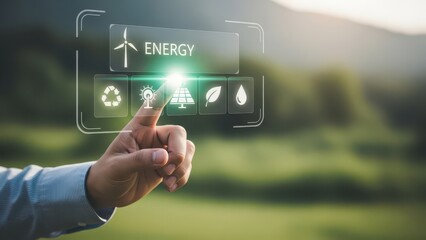 Sustainable Renewable Energy Concept: Hand Interacting with Digital Interface Icons of Wind, Solar Photovoltaics, Biomass, and Hydropower for Future Green Tech and Carbon Neutrality.