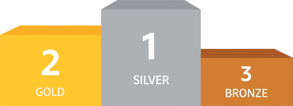 Podium with first, second, and third place steps labeled gold, silver, and bronze for sports competition results and achievement concept