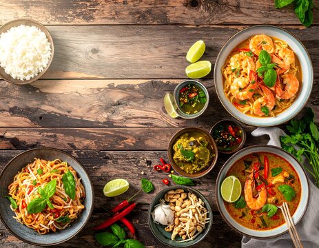 Platos asi&aacute;ticos variados con curry, arroz y verduras servidos sobre mesa de madera r&uacute;stica en vista superior