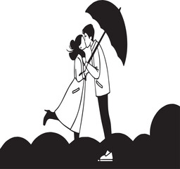 Couple kissing under umbrella with wavy ground silhouette love romance