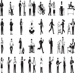 Diverse Collection of Black and White Silhouettes of People Engaged in Various Activities