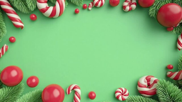 Christmas frame with red ornaments and candy canes on green background motion graphic for festive holiday greeting card and winter seasonal social media post template