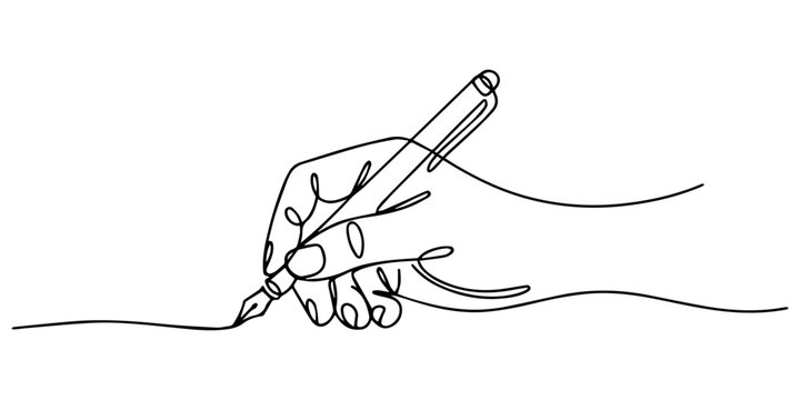 Line drawing hand pen writing art design sketch illustration minimal ink, Continuous line art drawing of a human hand holding a pen creating a wavy stroke. Vector, Continuous one line pen hand pencil.