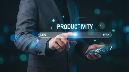 A person in a suit interacts with a futuristic interface displaying the word productivity and a slider control highlighting efficiency and modern technology