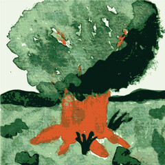 A vector image of a green tree in summer time. The original is a hand-painted water color painting.