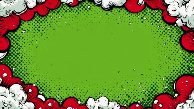 Pop art Christmas frame with green halftone background and rays motion graphic for festive holiday celebration and winter seasonal comic book style design announcement