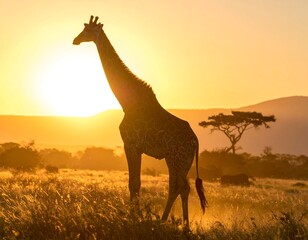 Tall giraffe silhouette basking in the golden African sunset glow
