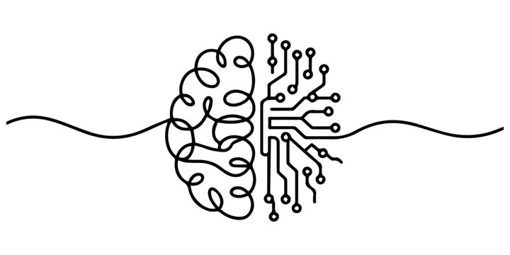 Human brain vs artificial intelligence continuous line drawing concept, Ai and organic brain hemispheres wired together, Continuous line drawing of human brain with Artificial Intelligence. Vector pro
