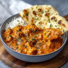butter chicken with naan bread and rice