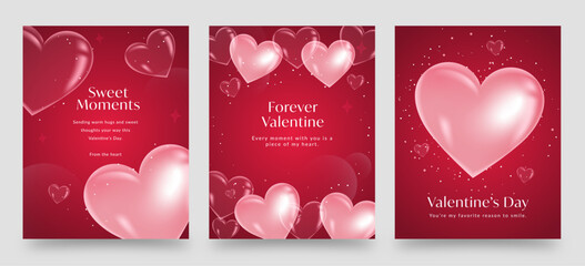 Valentines Day Flyer Poster Template in Deep Red Hues with 3D Glass Love Heart Concept