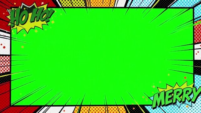 Modern comic book style Christmas frame with green halftone background and red border motion graphic for festive holiday celebration and winter seasonal pop art design template