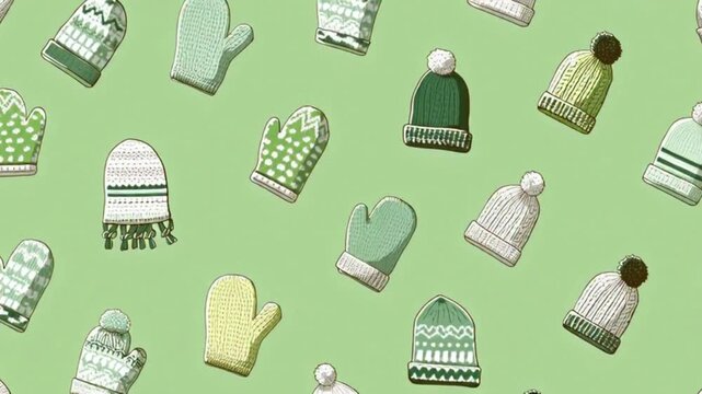 Winter pattern with colorful knitted mittens on light green background motion graphic for festive holiday celebration and seasonal greeting card invitation template design