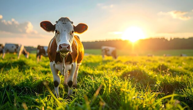 Vaca pastando al amanecer en un prado verde con luz dorada y paisaje rural tranquilo