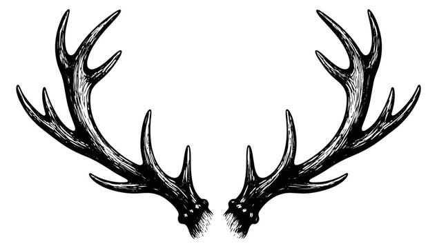 Hand drawn line art illustration of a pair of deer antlers depicting a majestic wild animal symbol for nature inspired designs