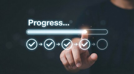 a hand is seen touching a glowing progress bar with checkmarks indicating steps completed signifying advancement and ongoing digital processes high quality professional