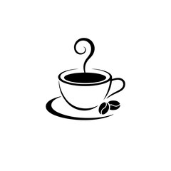 Black coffee cup icon with steaming hot beverage on white background.Simple coffee cup logo.