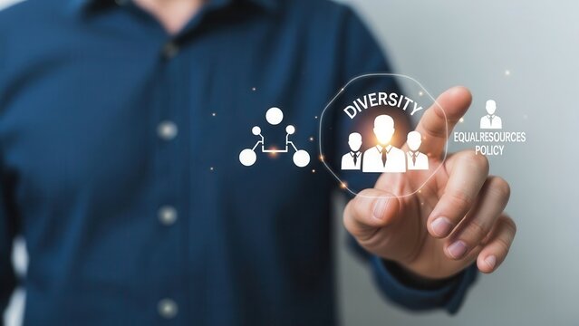 Closeup Businessman Hand interacting with virtual diversity icon, representing inclusive workplace, equal opportunity, human resources policy, and corporate culture
