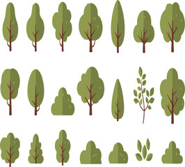 Flat Design Collection of Green Trees and Bushes in Various Shapes Keywords: tree, bush, plant, nature, green, flat