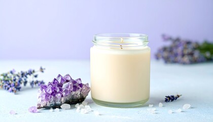 Vela artesanal en tarro de cristal con piedra de amatista y lavanda desenfocada, concepto de relajación y bienestar © EBG Stock Studio