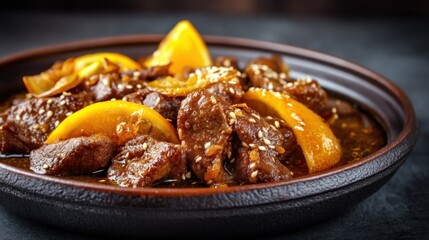 Delicious orange beef in a ceramic bowl garnished with sesame seeds.