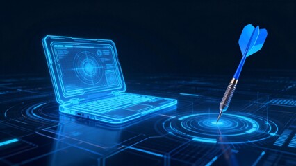Futuristic laptop and dart on digital interface