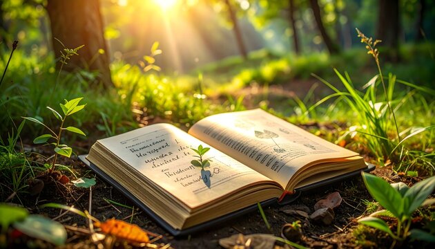 Libro abierto en el bosque con brote creciendo entre las p&aacute;ginas y luz dorada al amanecer, concepto de conocimiento y naturaleza