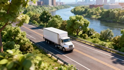 Truck on highway near river and city