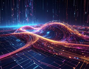 Digital landscape with flowing data streams and vibrant light