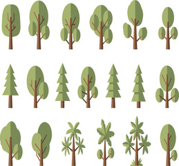 Flat Design Green Trees Conifers and Palm Trees on White Background vector illustration