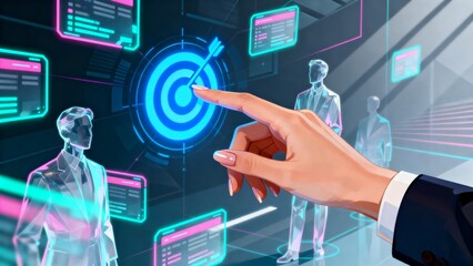 Hand pointing at digital target with business figures