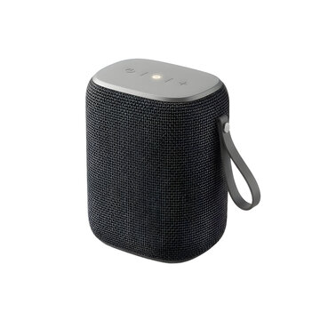 Modern portable bluetooth speaker with fabric texture and carrying strap isolated on transparent background