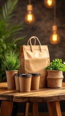 Eco-friendly coffee cups with plant decor.