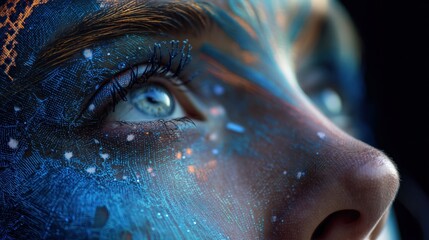 Close-up of female face with futuristic digital art and blue patterns.