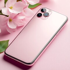 Elegant smartphone on a pink background with flowers.