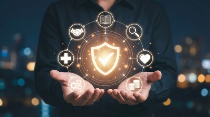 A person s hands holding a glowing digital shield surrounded by icons representing security healthcare and trust in a blurred city background