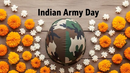 Indian army day celebration with camouflage helmet and flowers