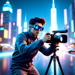 Futuristic Photographer in VR Goggles Filming with Professional Camera in Neon Cyberpunk City