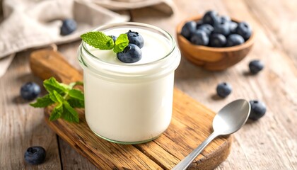Yogur natural cremoso con arándanos y menta servido en tarro de cristal sobre madera rústica © EBG Stock Studio
