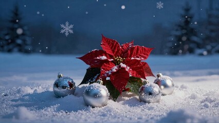 Poinsettia and ornaments in snowy winter landscape