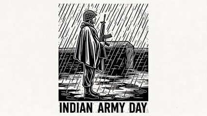 Indian army day illustration of soldier standing in the rain