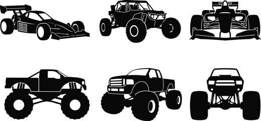 Racing and off road vehicle silhouettes set including formula car monster truck buggy and pickup vector illustration icons © MdLimon