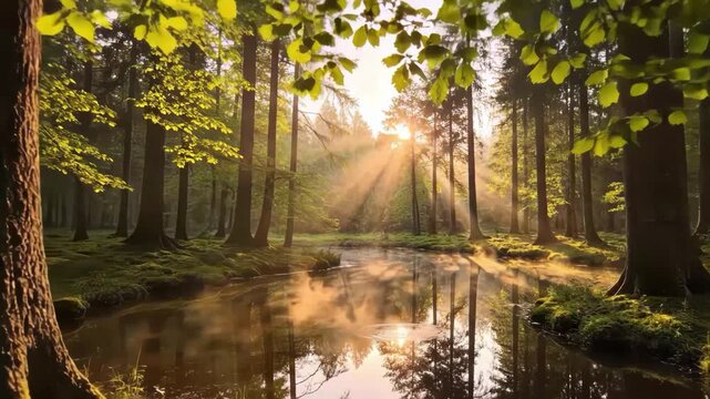 Sunlight filtering through leaves over a misty pond in a dense forest