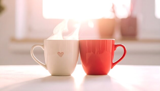 Dos tazas humeantes blanca y roja con corazones en interior luminoso y ambiente rom&aacute;ntico