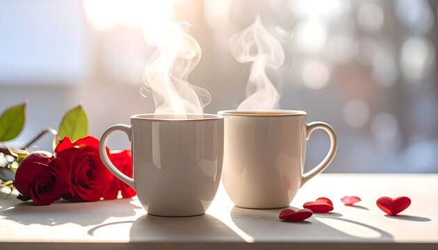 Dos tazas humeantes con p&eacute;talos y corazones sobre mesa en ambiente rom&aacute;ntico y acogedor
