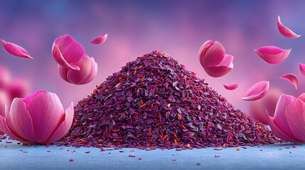 Astaxanthin and Haematococcus, Macro image of powdered dried red algae flakes, showcasing texture and color for food or health-related applications.