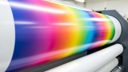 Large format printer producing vibrant rainbow color gradient on roll of paper.