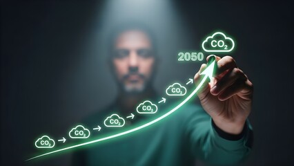 A man in a green shirt interacts with a virtual graph and CO2 cloud icons on a dark background with a spotlight.